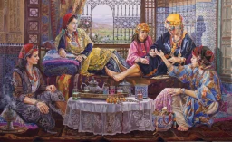 L’Heure des Confidences par ABDERAHIM EL MADANI, conversation intime entre deux femmes marocaines en parures traditionnelles.