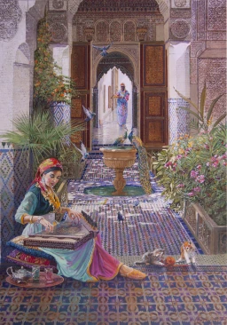 Les Accords de l’Éden par ABDERAHIM EL MADANI, scène de cour intérieure marocaine avec femme musicienne, transmission musicale et paons.