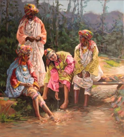 Confidences au Fil de l’Eau par ABDERAHIM EL MADANI, paysage fluvial marocain avec lavandière, architecture de pisé et âne de bât.